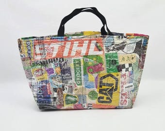 Upcycled Plastic Bag, Reusable Tall Shopping Tote, Farmers Market Carry-all, Large Grocery Bag