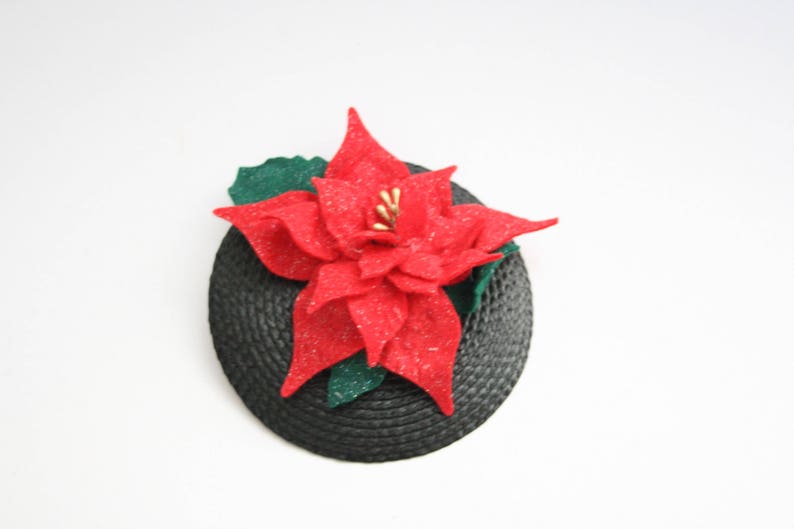 Poinsettia fascinator vintage style accessory christmas fascinator christmas party accessory mini christmas hat Christmas hair image 2