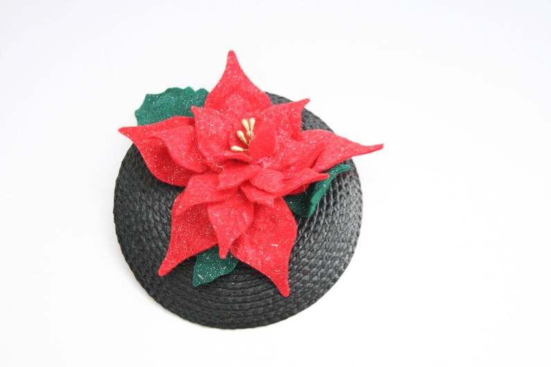 Poinsettia fascinator vintage style accessory christmas fascinator christmas party accessory mini christmas hat Christmas hair image 1