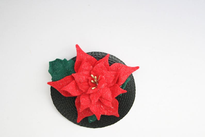 Poinsettia fascinator vintage style accessory christmas fascinator christmas party accessory mini christmas hat Christmas hair image 3