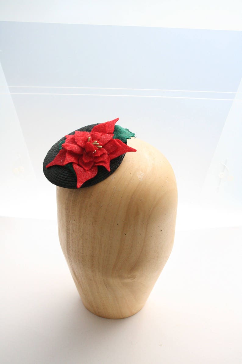 Poinsettia fascinator vintage style accessory christmas fascinator christmas party accessory mini christmas hat Christmas hair image 6