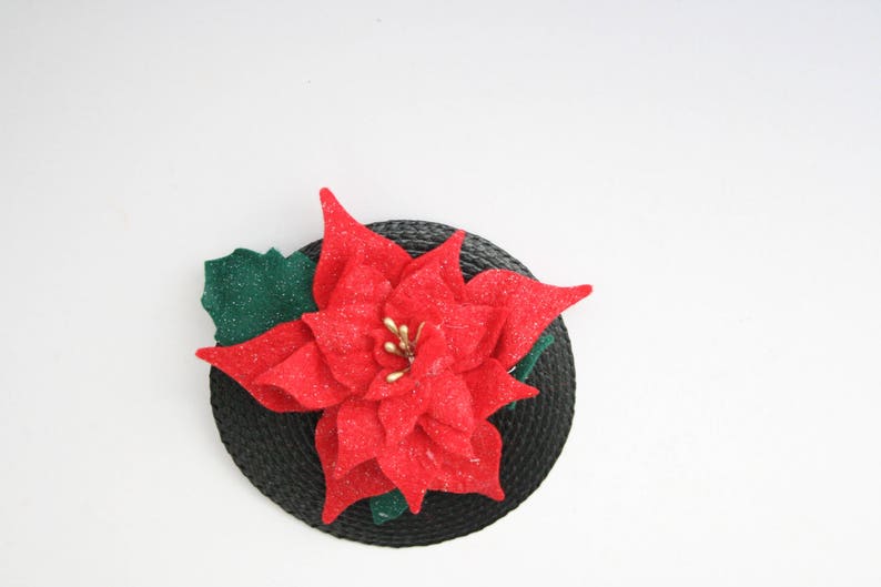 Poinsettia fascinator vintage style accessory christmas fascinator christmas party accessory mini christmas hat Christmas hair image 4
