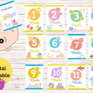 Cartes d'étapes bébé imprimables – Cartes d'étapes clés numériques uniques pour bébé pour photos mensuelles, téléchargement immédiat, cadeau de baby shower