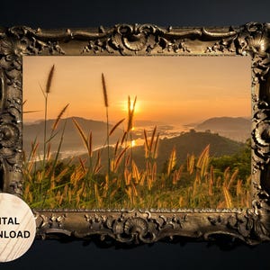 Sunrise Scenery Wall Art - Digital Printable - Serene Nature Landscape - Instant Download - Morning Sun, River & Mountain Views
