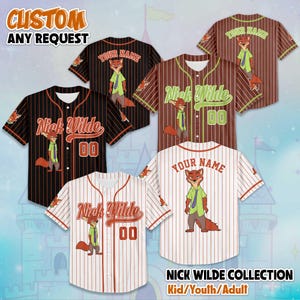 May include: Baseball jerseys with a Nick Wilde theme, featuring the character in various poses. The jerseys are in black, brown, and white with pinstripes, and include the text "Nick Wilde" and "00". The text "CUSTOM ANY REQUEST" is also visible.