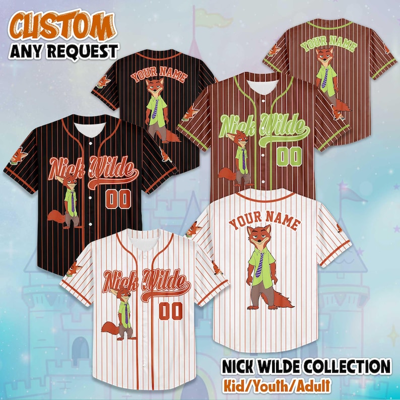 May include: Baseball jerseys with a Nick Wilde theme, featuring the character in various poses. The jerseys are in black, brown, and white with pinstripes, and include the text "Nick Wilde" and "00". The text "CUSTOM ANY REQUEST" is also visible.