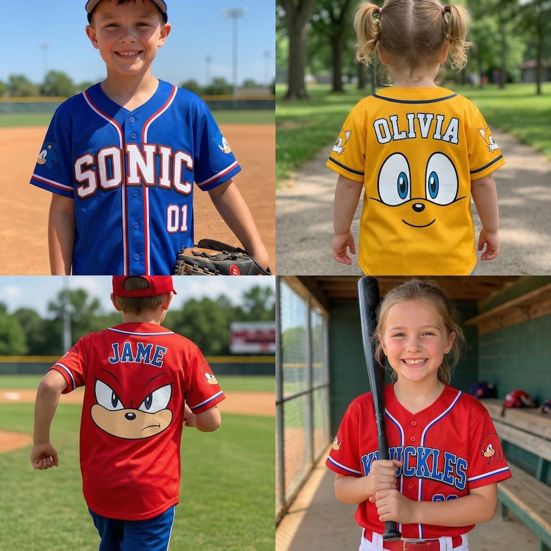 Puede incluir: Cuatro ni&ntilde;os con camisetas de b&eacute;isbol con dise&ntilde;os de personajes de dibujos animados. Las camisetas son azules, amarillas y rojas, con nombres y n&uacute;meros en la espalda. Una dice "SONIC" y "01", otra "OLIVIA" y una tercera "JAME".