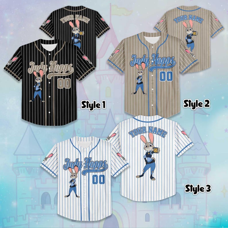 May include: Three baseball jerseys featuring the character Judy Hopps. Style 1 is black with white pinstripes, Style 2 is tan with blue pinstripes, and Style 3 is white with blue pinstripes. Each jersey has the text "Judy Hopps" and "00".