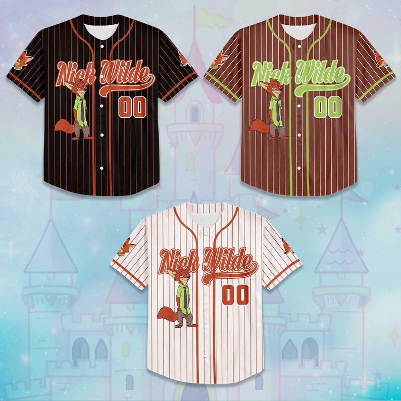 May include: Three baseball jerseys with the character Nick Wilde. The jerseys are black, brown, and white with vertical stripes. Each jersey has the name "Nick Wilde" and the number "00" on the front, along with a cartoon fox illustration.