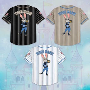 May include: Three baseball jerseys with pinstripes and the text "YOUR NAME". Each jersey features a cartoon rabbit character in a police uniform. The jerseys are black, tan, and white with blue accents.