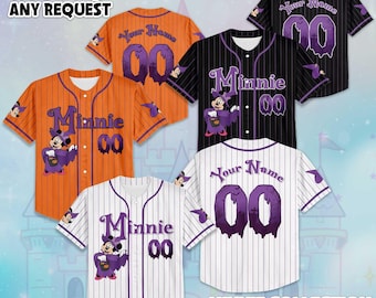 Benutzerdefinierte Minnie Maus Halloween Baseball Jersey, personalisiertes Halloween-Outfit für Fans, Minnie Kostüm Jersey, niedliches Disney Spooky Shirt
