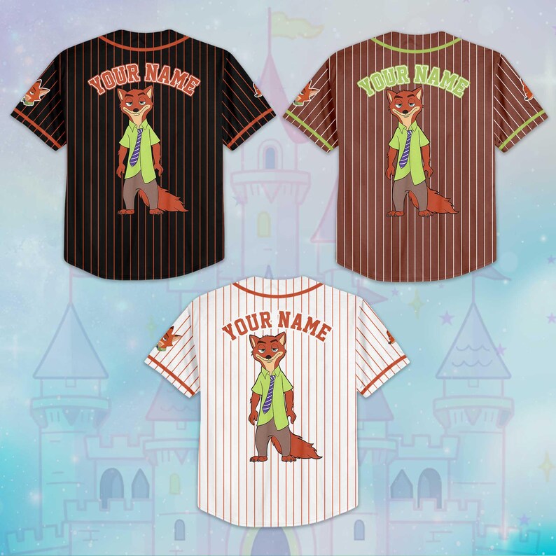May include: Three baseball jerseys with a cartoon fox character. The jerseys are black, brown, and white with vertical stripes. Each jersey has the text "YOUR NAME" arched across the back and the fox character on the front.