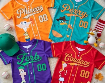 Camiseta de béisbol personalizada de Phineas y Ferb, ropa retro de dibujos animados de Disney, camiseta del equipo de Candace y Ferb, regalo para fans del cosplay, camiseta de Perry el ornitorrinco