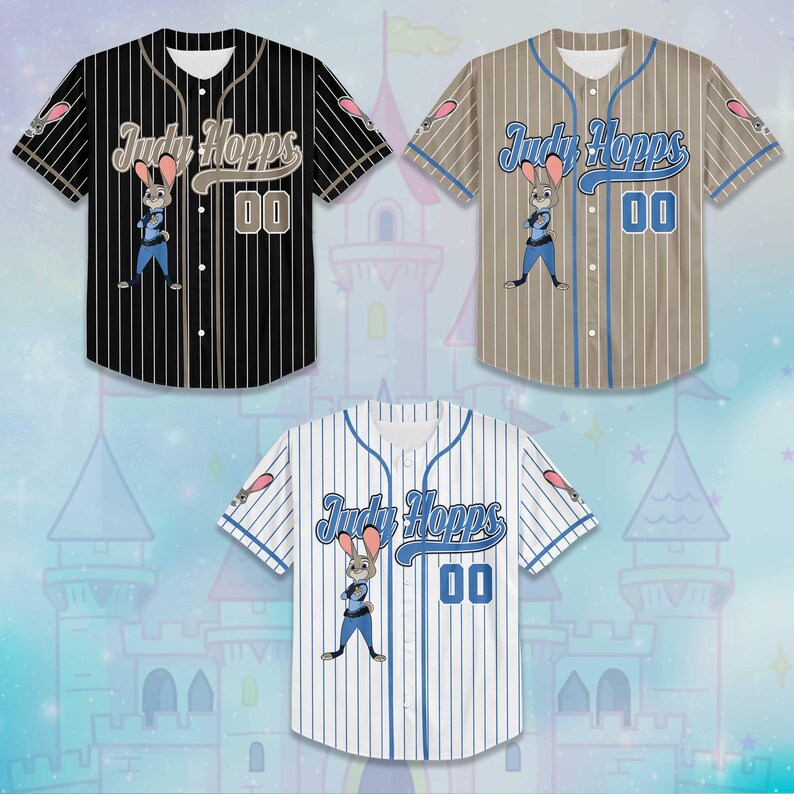 May include: Three baseball jerseys featuring the character Judy Hopps. The jerseys are black with white pinstripes, tan with brown pinstripes, and white with blue pinstripes. Each jersey has the name "Judy Hopps" and the number "00" on the front.