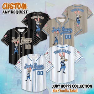 May include: Baseball jerseys featuring the character Judy Hopps from Zootopia. The jerseys are available in black, white, and tan with vertical stripes and the text "Judy Hopps" and "00". The text "CUSTOM ANY REQUEST" is also visible.