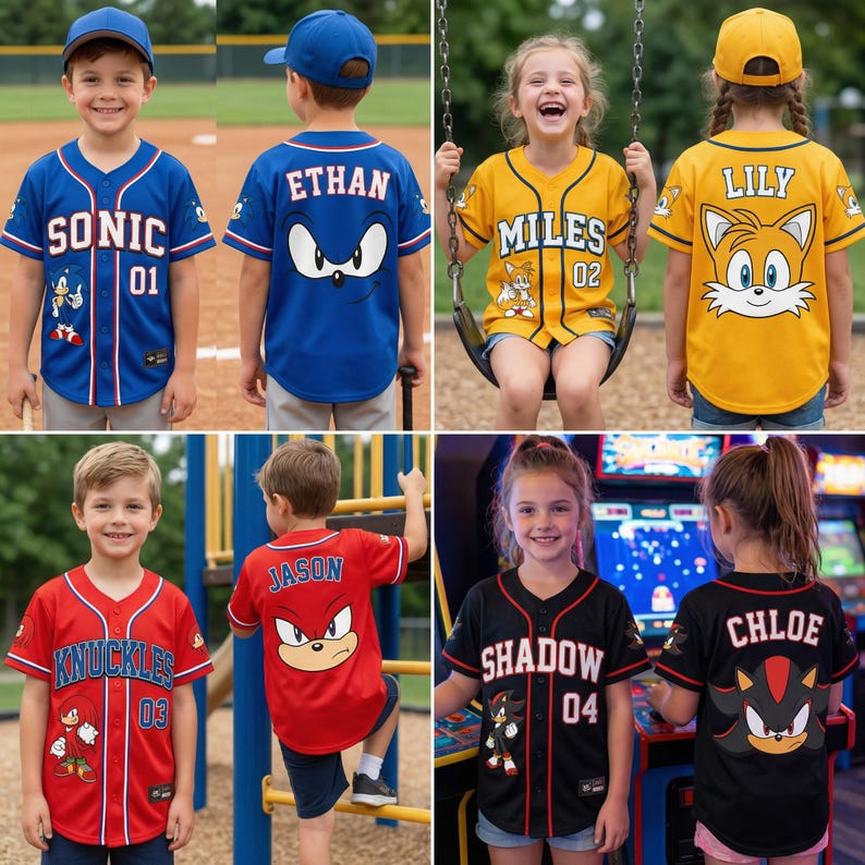 Puede incluir: Camisetas de b&eacute;isbol para ni&ntilde;os en azul, amarillo, rojo y negro, con personajes de Sonic the Hedgehog. Cada camiseta tiene un nombre de personaje y un n&uacute;mero, como "SONIC 01" y "MILES 02".