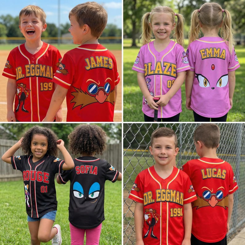 Puede incluir: Camisetas de b&eacute;isbol para ni&ntilde;os en rojo, negro y rosa, con dise&ntilde;os de personajes y nombres en la espalda. Las camisetas muestran el texto "DR. EGGMAN 1991", "BLAZE 0", "ROUGE 01", y nombres como "JAMES", "EMMA", "SOFIA" y "LUCAS".