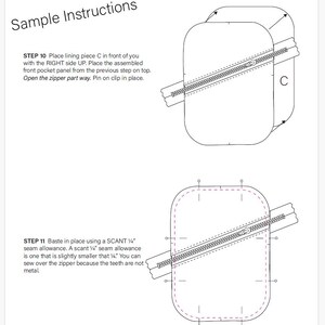 May include: A black and white sewing instruction diagram titled Sample Instructions. It shows two steps for attaching a zipper to a rectangular fabric piece labeled C, including text instructions for step 10 and step 11 with a scant 1/4 inch seam allowance.