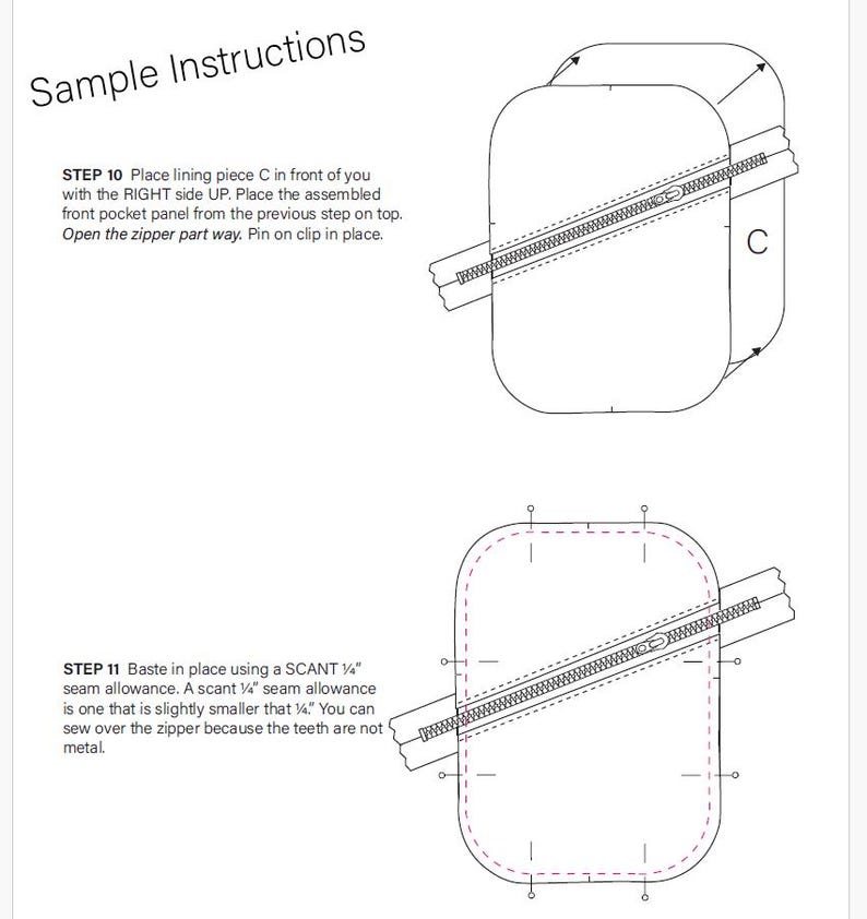 May include: A black and white sewing instruction diagram titled Sample Instructions. It shows two steps for attaching a zipper to a rectangular fabric piece labeled C, including text instructions for step 10 and step 11 with a scant 1/4 inch seam allowance.