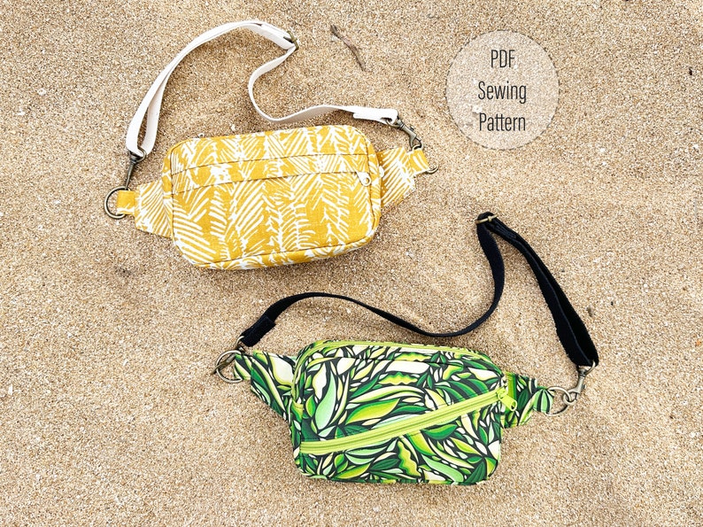 Kincaid Fanny Pack PDF sewing pattern, featuring 2 front zippered pocket options. This fanny pack also has an interior zippered pocket, slip pockets and an adjustable, removable crossbody strap.