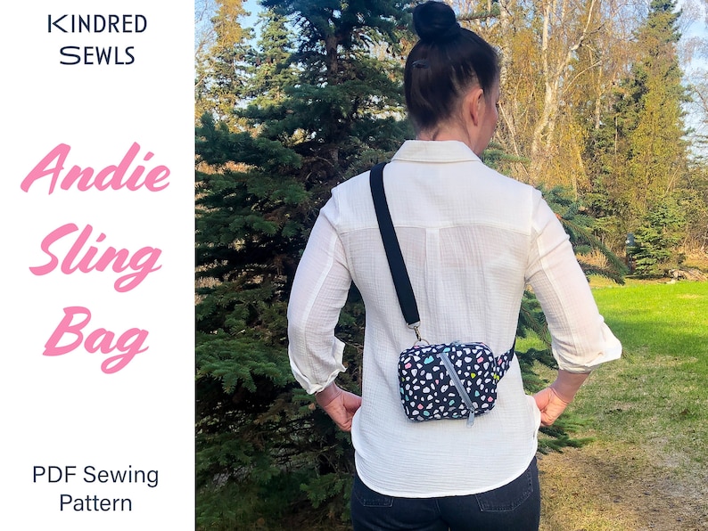 May include: A black sling bag with a colorful abstract pattern of small shapes, featuring a thick black adjustable strap and a silver zipper closure. The text Kindred Sewls Andie Sling Bag PDF Sewing Pattern is visible on the left side.