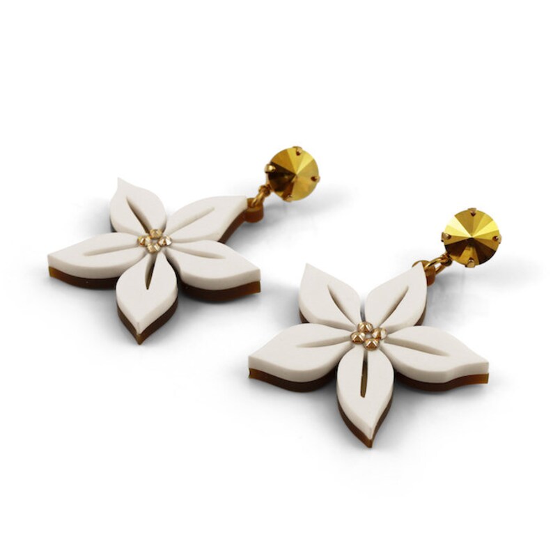 Tropical Flower Earrings Laser Cut Acrylic Swarovski Crystal Etsy