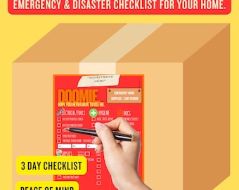 May include: A red checklist titled "DOOMIE: HOPE YOU NEVER HAVE TO USE ME" with a checklist for emergency home supplies for a 3-day period. The checklist includes categories for electrical/tools, hygiene, and docs. The checklist is labeled "3 DAY CHECKLIST" and "PEACE OF MIND".