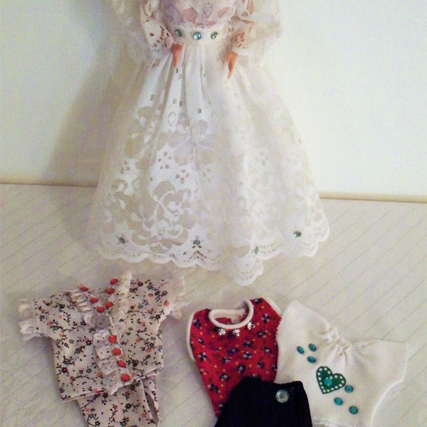 Barbie Doll Clothes Set, 3 Outfits, Wedding Dress, Veil, Flowers, Pajamas, Jean Shorts, Skirt, Blouses, Tops, Hearts,  Lace, Retro,  1990's