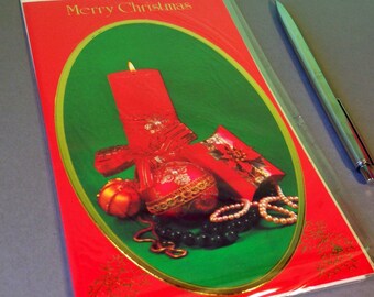 Christmas Card - Merry Christmas - Vintage Christmas Card - Candles - Red and Green - Festive - Traditional