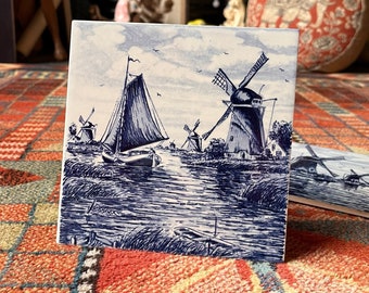 Delft Blauw - Dekorative Fliese - Vintage - Keramik - Wandbehang - Windmühlen - Segelboot - Boho - Dekor - Handbemalt - Made in Holland