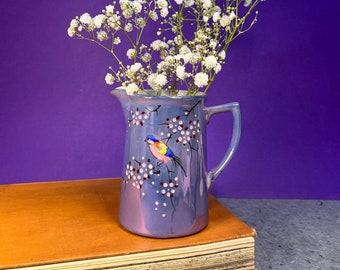 Vintage Japanese Lustre Glaze Jug: Hand-Painted Bird & Blossom Vase