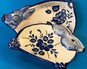 Terracotta Dishes - Animal Dishes - Blue And White - Rabbit - Pig - Set of Two - Made In Portugal - Olaria Carrillo Lopes