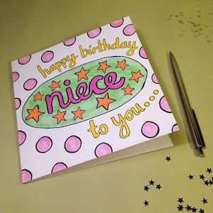 Nièce - Happy Birthday To You, Nièce - Happy Birthday - Carte d'anniversaire - Pois - Étoiles - Carte carrée - Enveloppe - Carte d'anniversaire nièce