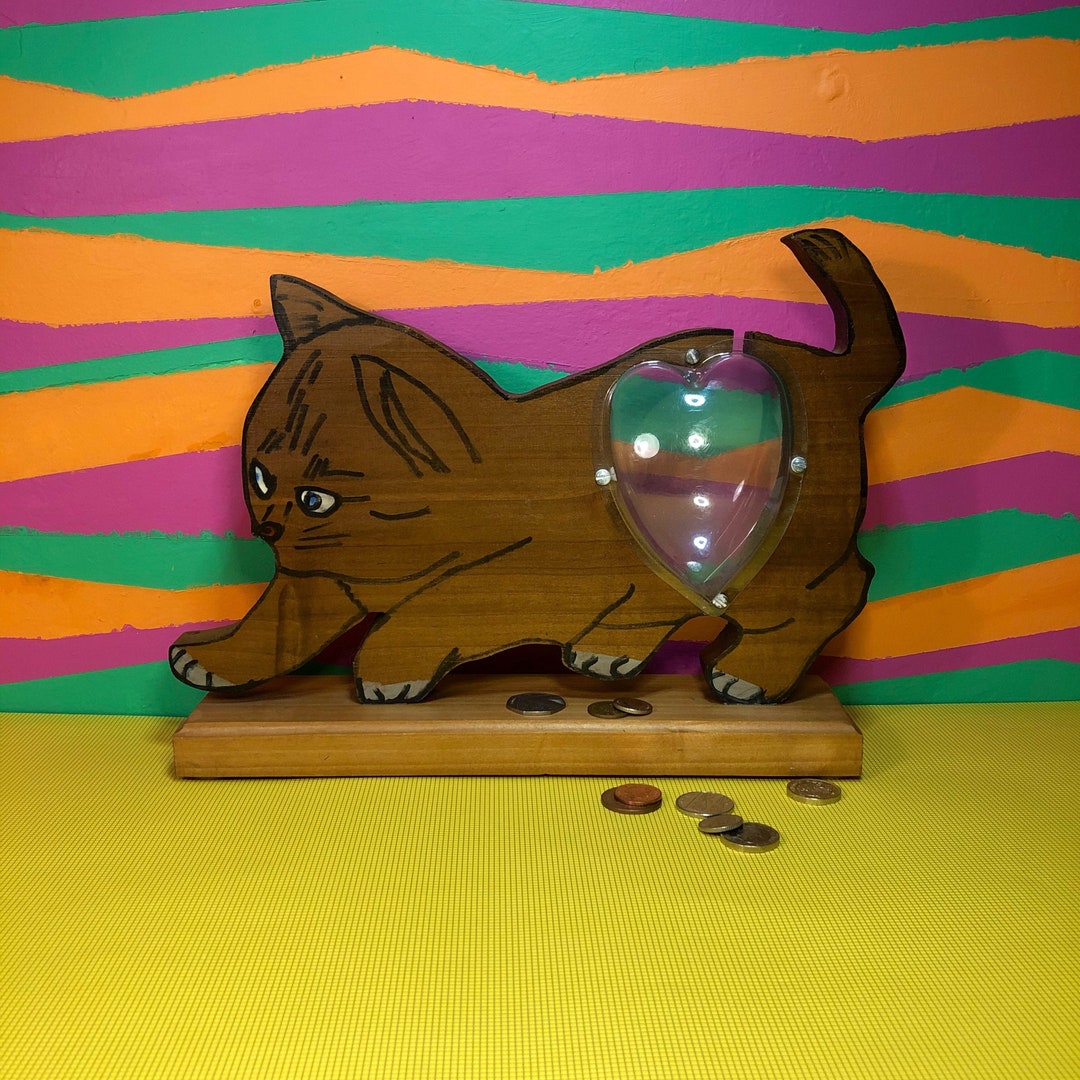 Money Box Cat Feline Unusual Handmade and Decorated Wooden Savings Box
