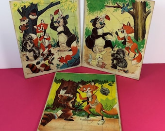 Vintage Puzzles - Tuco Werkstätten Inc - 1960s - Bob Bindig - Tier Puzzles - Tablett Puzzles - Farbillustrationen - Puzzles - 3er Set