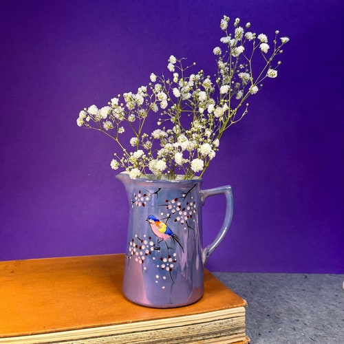 Pichet vintage japonais lustré à glaçure : vase en fleurs et oiseau peint à la main