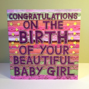 Félicitations pour la naissance de votre beau bébé fille - carte de visite bébé fille - rose et violet à effet tissu - carte carrée - intérieur vierge