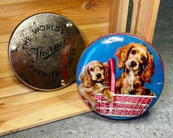 Vintage Dose - Toffee Dose - Welpen - Spaniels - Vintage Toffee Dose - Thornes - The Worlds Premium Toffee - Mid Century - 1950er Jahre - Runde Dose