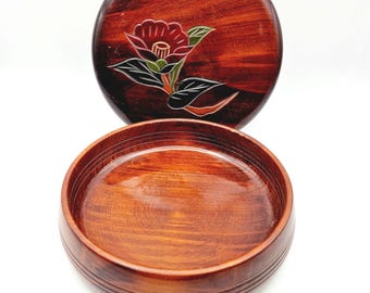 1950s Japanese Lacquerware Lidded Bowl: Hand-Painted Floral Kashiki