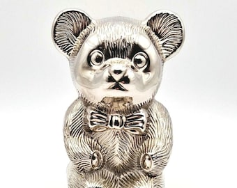 1980s Money Box: Silver Teddy Bear Bank Vintage Christening Gift