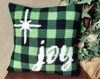 Joy Pillow crochet pattern, Christmas Decor, Green Check, Farmhouse Home Decor, Rustic Country, Graph Pattern Intarsia, Instant Download