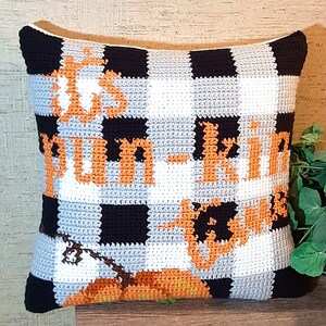 May include: A black and white checkered throw pillow with the words "Pumpkin Spice" in orange. The pillow has a crocheted texture and features a pumpkin design.