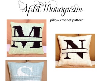 Op de afbeelding: Haakpatroon voor een gesplitst monogram. Het patroon bevat drie kleuren: groen, wit en zwart. De getoonde letters zijn M, N en S.