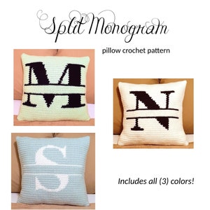 Split Monogram Oreiller motifs au crochet, 3 variations de couleur INCLUSES, Décor de chambre majestueux, Cadeau de mariage, Téléchargeable