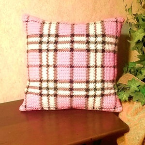 Pink Plaid Pillow crochet pattern, Pink Black Decor, Girls Room Accent Pillow, Farmhouse Home, Intarsia Graph Pattern, Instant Download