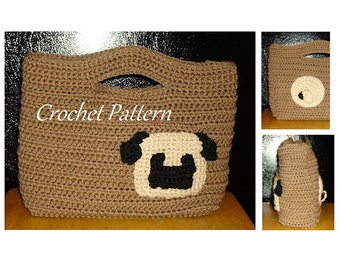 May include: A crocheted tote bag in a tan color, featuring a pug face applique in black and cream. The bag has a rectangular shape with a handle opening at the top. The words "Crochet Pattern" are written on the bag.