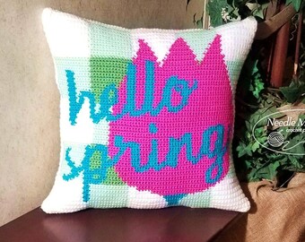 Hola patrón de crochet de almohada de primavera, decoración de primavera, crochet de intarsia, patrón de gráfico, descarga instantánea