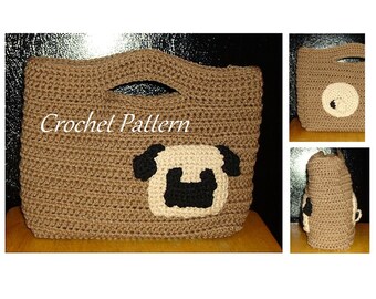 May include: A handmade crochet tote bag in a light brown color, featuring a pug face applique in cream and black. The bag has a rectangular shape with a handle opening at the top. The words "Crochet Pattern" are visible on the bag.