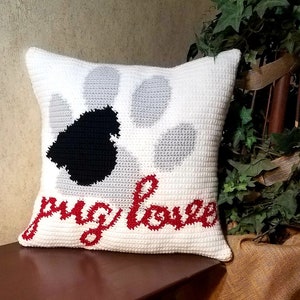 Pug Love Pillow crochet pattern, Dog Lover Gift, Graph Pattern Intarsia, Chinese Pug Home Decor Crafts, Instant Download