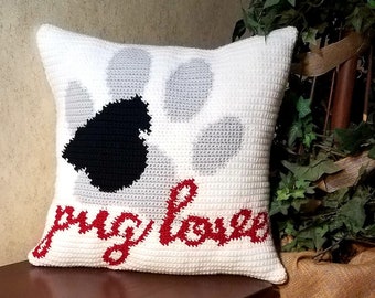 Pug Love Pillow crochet pattern, Dog Lover Gift, Graph Pattern Intarsia, Chinese Pug Home Decor Crafts, Instant Download